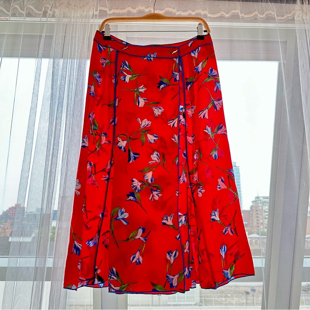 rag & bone, vibrant, flowy, red, floral, midi length, wrap skirt, size 6